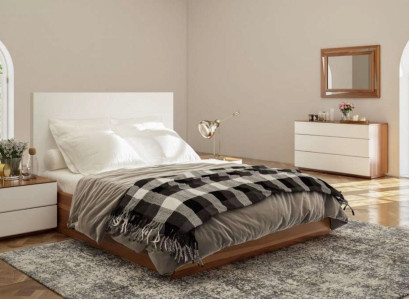 Weiß-Braunes Schlafzimmer Set Luxus Holzmöbel Bett Nachttische Kommode